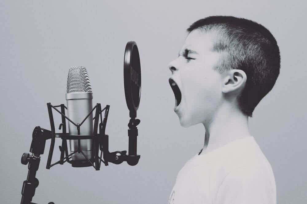 Un niño que canta con fuerza ante un micrófono